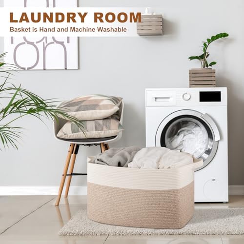 Extra Large Laundry Basket, 95L Blanket Basket for Living Room, Cotton Rope Toy Storage for Kids, Woven Baskets for Clothes, Towels, Pillows, 24" x 17" x 14", Brown and White