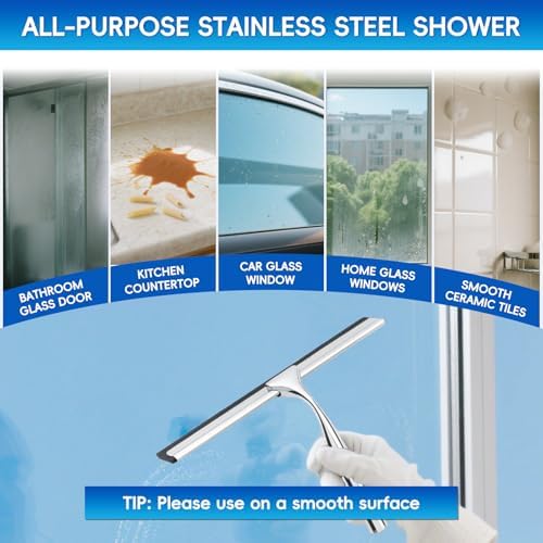 10 Inch Stainless Steel Shower Squeegee with Hook for Glass, Mirror | Durable wiper suitable for shower walls, shower doors and car window cleaning