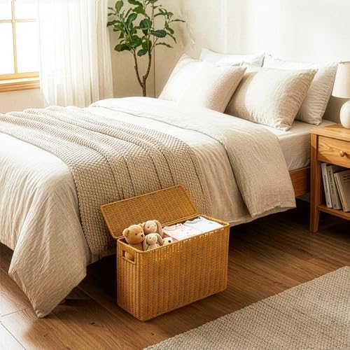Pumtus Woven Storage Basket with Lid, 3 Gallon Decorative Plastic Organizer Box with Handle, Rectangle Narrow Tall Trash Can Toilet Paper Holder, Household Container Bin for Wardrobe, Magazines, Toys