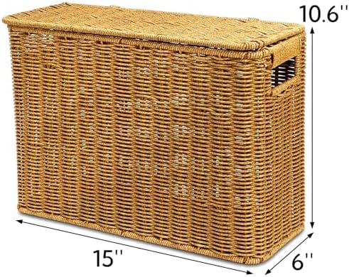 Pumtus Woven Storage Basket with Lid, 3 Gallon Decorative Plastic Organizer Box with Handle, Rectangle Narrow Tall Trash Can Toilet Paper Holder, Household Container Bin for Wardrobe, Magazines, Toys