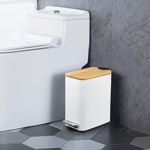 SIDIANBAN Bathroom Trash Can with Bamboo Lid Soft Close and Foot Pedal, Small Rectangular Slim Garbage Can with Inner Wastebasket for Bedroom, Office, Kitchen, 1.3Gal/5L, White | Small Rectangular Slim Garbage Can with Inner Wastebasket for Bedroom, Of...