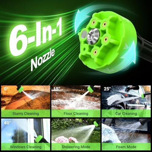 Cordless Portable Washer, 5 Gear Brushless Washer for Car Washing, Patio, Fence, Driveway, Outdoor Cleaning, with 2 Batteries, 6 in 1 Nozzle, 6 Meter Hose, Tap Adapter