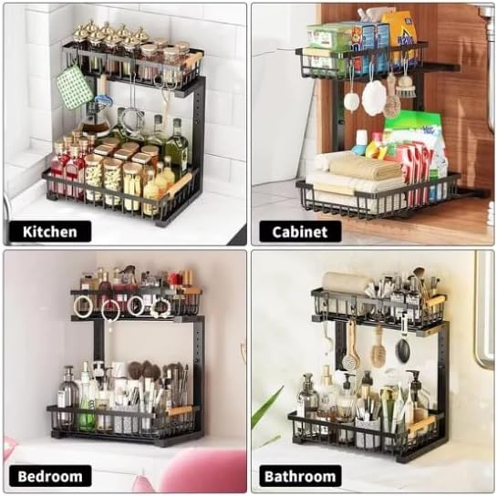 Lumela Under Sink Organizer, 2-Tier Slide-Out Cabinet Organizer Shelf, Height Adjustable Metal Pull-Out Storage Rack with Wood Handle for Kitchen & Bathroom Cabinets (Black)