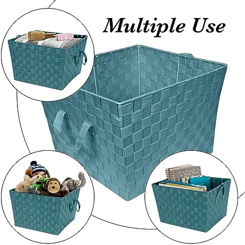 Simplify Large Woven Strap Tote | Decorative Storage Basket | 2 Handles | Organization | Closet | Bedroom | Bathroom | Nursery | Accessories | Toys | Gifts | 2 Pack | Sapphire