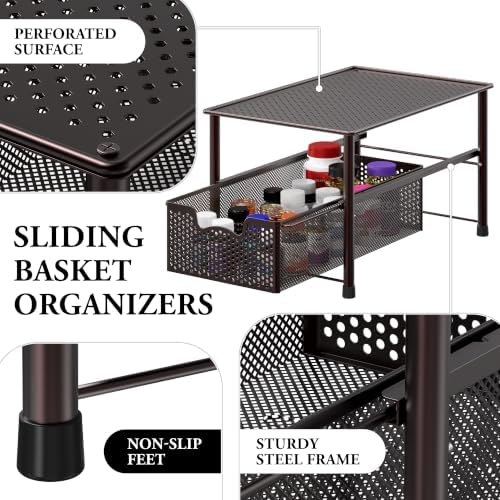 Simple Houseware Stackable Under Sink Sliding Basket Drawer, Brown | Perforated Free Standing Organizer, Kitchen/Pantry/Cabinet/Counter