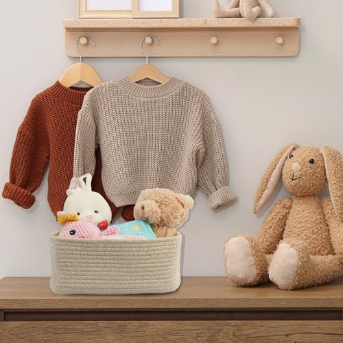 XUANGUO Small Woven Storage Baskets for Shelves, 13" x 9" x 5", Oatmeal | Decorative rope storage bins for closets and toy storage; cute organizer baskets, empty gift baskets and nursery storage.
