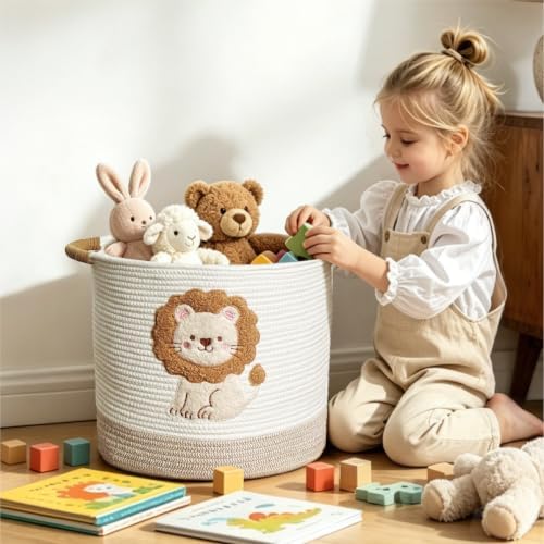 Cute Nursery Bin, Baby Toy Organizer (13.8"x13.8"), Storage Basket for Organizing, Woven Rope Basket for Shelves, Cute Baskets with Handle for Nursery, Playroom (Lion, Large)