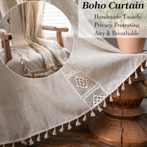 Sutuo Home Boho Curtains for Bedroom Nursery, Bohemian Semi-Blackout Geometric Crochet Hollow Lace Patchwork with Textured Linen Fabric Farmhouse Tassels Rod Pocket Window Drapes, 59"W x 72"L, 1 Panel