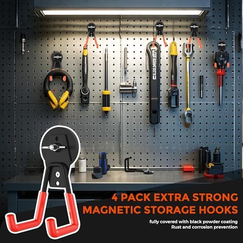 4 Pcs Large Strong Magnetic Hooks Heavy Duty Garage Big Magnet Hooks Extra Strength Magnetic Utility Storage Hook Hanger with Anti Slip Coating for Garden Indoor Outdoor Hanging Tools Orange