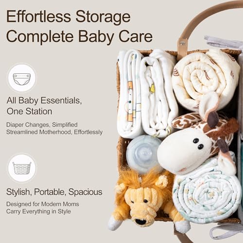 HBlife Baby Diaper Caddy Organizer, Portable Scalloped Plastic Wicker Woven Basket with Divider, Nursery Diaper Station, Baby Shower Gifts Basket, Car Organizer, Washable Waterproof