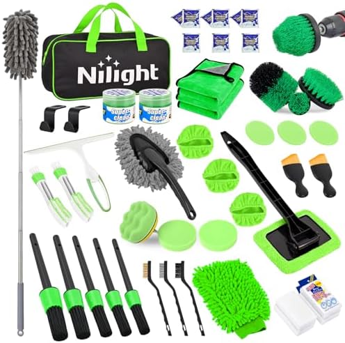 Nilight 52PCS Car Detailing Kit for Interior Exterior Car Care, Green | car wash auto cleaning Tools with storage bag, Deep Clean Polish Car Care Windshield Dashboard Seat Air Vents Wheels Tires