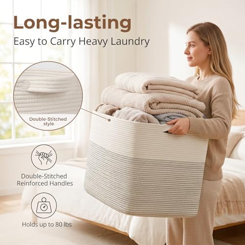 OIASKET 108L Cotton Rope Storage Basket for Living Room and Bedroom 25"x16"x16" Woven Laundry Basket, Heavy Duty Bin for Blankets, Pillows & Toys, Pet-Safe & Scratch-Free, Black and White
