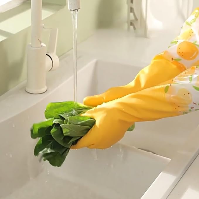 Dishwashing Cleaning Gloves, Rubber Glove with Cotton Lined | 2 Pairs Reusable Latex Free Kitchen Gloves, Long Waterproof Household Glove for Laundry Cleaning Working Gardening Cooking