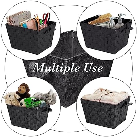 Simplify Medium Woven Strap Tote | Decorative Storage Basket | 2 Handles | Organization | Closet | Bedroom | Bathroom | Nursery | Accessories | Toys | Gifts | 4 Pack | Black