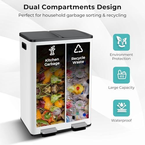 Goplus 16 Gallon/ (2x30L) Stainless Steel Trash Can, Kitchen Trash Bin w/Dual Removable Inner Buckets, Soft Closure & Step-on Pedal, Deodorizer Compartment, Garbage Bin for Recycling, White