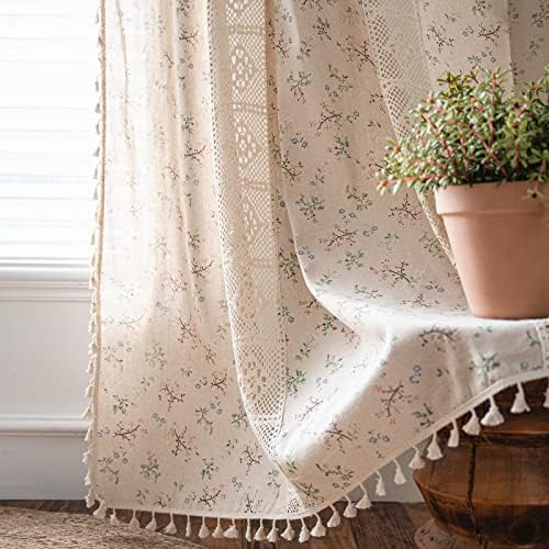 Sutuo Home Boho Curtain Semi-Blackout Crochet Hollow Lace Patchwork with Floral Print Cotton Linen Fabric, Handmade Tassels Rod Pocket Bohemian Window Drapes for Living Bedroom, 59"W x 84"L, 1 Panel