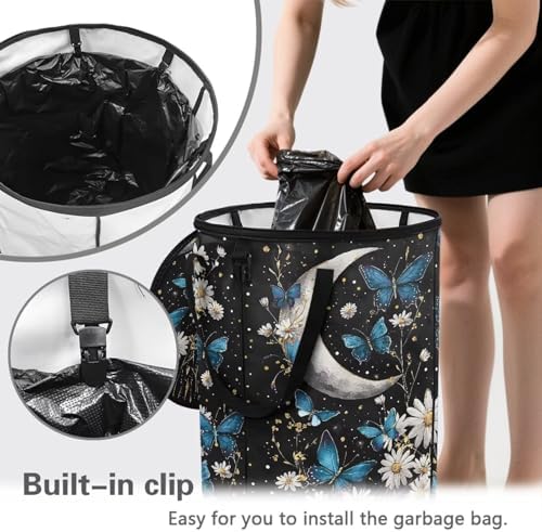 doginthehole Daisy Butterfly Moon Portable Trash Can Large Foldable Big Camping Can with Lid Storage Bag Pop Up Trash Cans for Parties, 22.83x17.71 in