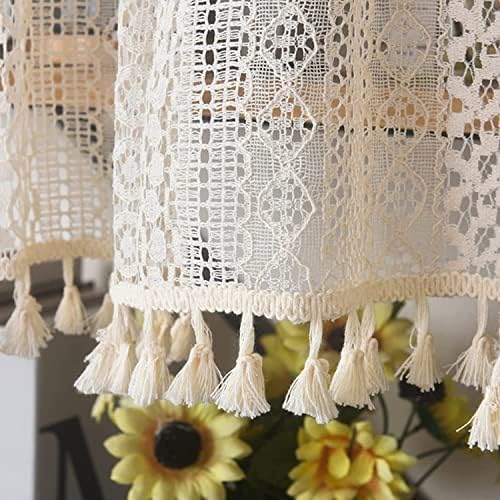 Sutuo Home Beige Boho Lace Short Curtain 36 inch Length for Kitchen Window Curtains Over Sink,Farmhouse Crochet Bohemian Valance Semi Sheer Vintage Chic Handmade Tassels, Rod Pocket,1 Panel 59" W