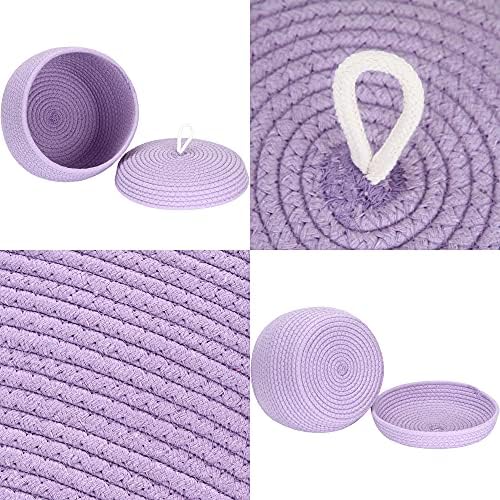 Sea Team Round Woven Cotton Rope Storage Basket with Lid, Lavender | Lidded Knitted Decorative Storage Bin, Pot, Caddy, Organizer, Container for Snacks, Towels, Plants, 10 x 7.5 Inches