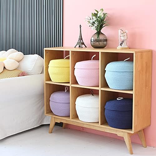 Sea Team Round Woven Cotton Rope Storage Basket with Lid, Navy | Lidded Knitted Decorative Storage Bin, Pot, Caddy, Organizer, Container for Snacks, Towels, Plants, 13 x 9 Inches