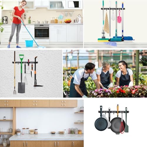 Huryfox Mop and Broom Holder Wall Mounted - Sturdy Stainless Steel Rack with Utility Hooks, 4 Racks, 3 Hooks Adjustable Design and Multiple Storage Organiser Options, Perfect for Kitchen, Laundry