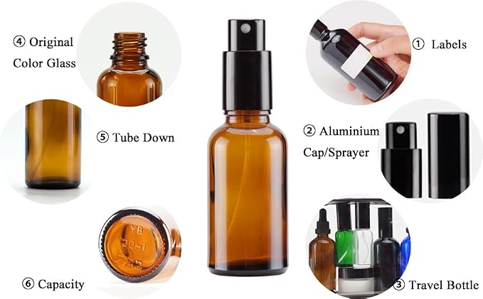 YIZHAO Amber Glass Spray Bottles 1oz, with Small Fine Mist Spray, Metal Cap, Refillable for Essential Oil,Travel,Cleaning,Perfume,Aromatherapy,Makeup – 24 Pcs