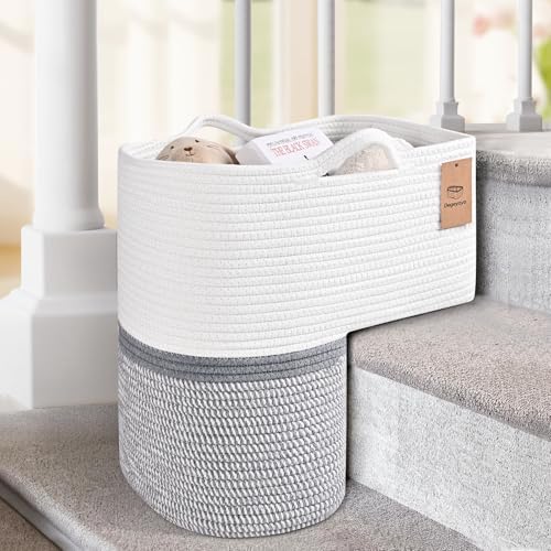 Woven Stair Basket, Stair Baskets for Wooden Stairs, Carpeted Stairs Storage Basket with Handles, Staircase Baskets for Toys, Books, Gray, 15” L x 10” W x 15” H