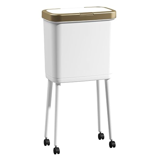 Procade 4 Gallon Bathroom Trash Can on Wheels,Slim Rolling Gold Garbage Can | Tall Skinny Trash Bin with Legs and Pop-Up Lid,Dog Proof Trash Bin,White Plastic Garbage Bin for Near Desk,Bedroom,Kitchen