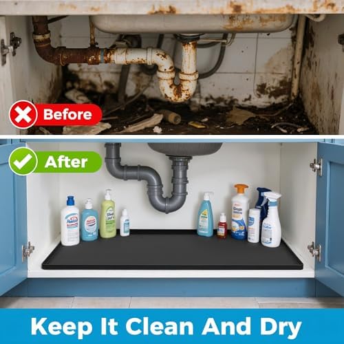 URMONA 25 x 19 in Waterproof Silicone Under Sink Mat, Cabinet Protector | Light Cream , Under Kitchen Sink Mat, Kitchen Cabinet Liner, Bathroom Sink Protector, Pet Food Mat and Cat Litter Mat