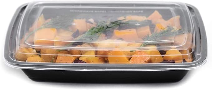 56oz Rectangular Microwavable Black Plastic Meal Prep Containers with Clear Lids - Food Storage Container - Certified BPA-Free, Stackable, Reusable Microwave, Dishwasher Safe, Disposable (50)
