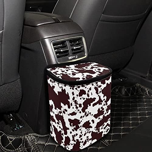 Brown Cow Print Trash Can for Car Portable Garbage Bag with Lid and Zipper Interior Auto Accessories Portable Trash Bin Hanging Backseat Cute Cowhide Multipurpose Multipurpose Trash Bags