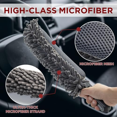 TAKAVU Car Duster Interior, Double-Sided Microfiber, Comfort Handle | Lint & Scratch-Free Cleaning for Trucks, RVs & Vehicles, Includes Microfiber Towel & Storage Bag, Soft