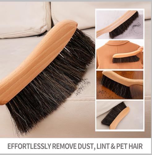 Natural Horsehair Bed Brush, Soft Bristle Dust Brush with Wood Handle, Hand Broom for Cleaning Bed, Furniture, Couch, Shelves, Car Interior, Clothes - Gentle on Delicate Surfaces