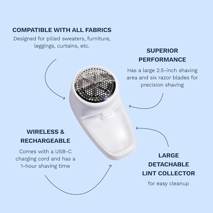 Nori Trim Fabric Shaver - Lint Remover for Clothes & Furniture - White | Couch pilling, sweater pill remover, clothes shaver with 6 precision blades, wireless and rechargeable