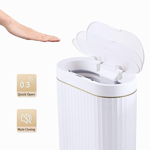 Bathroom Trash Can with lid 2.5 Gallon Motion Sensor White and Golden | Slim Wastebasket, Automatic Trash Bin Bathroom Decor for Bedroom and Office