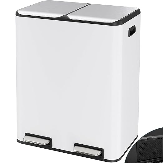 Arlopu 16Gal Dual Trash Can w/2 Built-in Box for Odor Control | Hands-Free Kitchen Garbage Bin, Recycle Waste Dustbin, Soft-Close Lid, 2 Buckets, Foot Pedal, Side Handle, for Home (White)