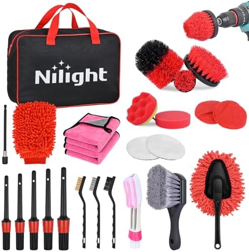 Nilight 27PCS Car Detailing Kit for Interior Exterior Car Care, Red | car wash auto cleaning Tools with storage bag, Deep Clean Polish Car Care Windshield Dashboard Seat Air Vents Wheels Tires