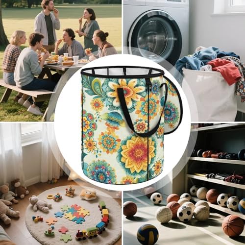 doginthehole Boho Blossoms Outdoor Trash Can with Lid Retro Floral Garbage Bins Outside Pop Up Recycle Garbage Cans Collapsible Trash Can for Camping Picnic Yard Beach, 22.83x17.71 in