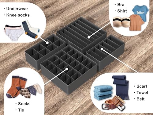 Simple Houseware 4-Pack Drawer Organizer Set for Underwear/Socks/Bra | Dark Gray, Closet Dividers for Underwear, Socks, Bras, Scarves, Ties - Foldable Non-Woven Storage Boxes