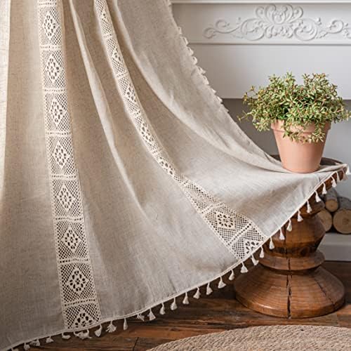 Sutuo Home Boho Curtains for Bedroom Nursery, Bohemian Semi-Blackout Geometric Crochet Hollow Lace Patchwork with Textured Linen Fabric Farmhouse Tassels Rod Pocket Window Drapes, 59"W x 72"L, 1 Panel
