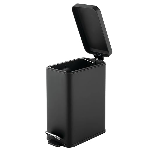 mDesign Pedal Bin — Waste Bin with Pedal, Lid and Plastic Bucket Insert for Bathroom, Kitchen, and Office — Metal Household Rubbish Bin with Ergonomic Design — Black