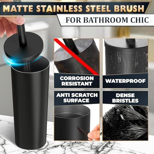Black Toilet Brush and Holder Set, Freestanding, Splash Protection | Matte Black Toilet Brush with Holder Set for Bathroom, Splash Protection & Dense Bristles, Scratch- & Corrosion-Resistant