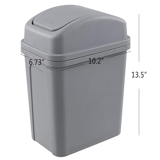 Idotry Plastic Swing Top Trash Can, Small Garbage Bin, 1.8 Gallon, Gray | Convenient Swing Top Lid, Space-Saving Slim Shape, Sturdy Thick Plastic, for bathroom, bedroom, living room