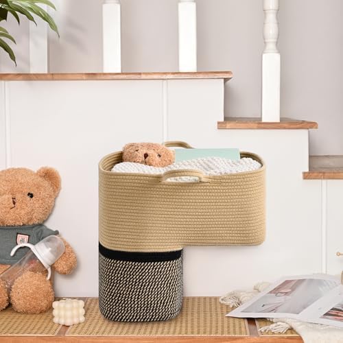 Stair Basket for Wooden & Carpeted Stairs, Foldable Cotton Rope Step Basket with Handles, Staircase Storage Organizer, Brown&Black, 15" Lx 10" W x 15" H