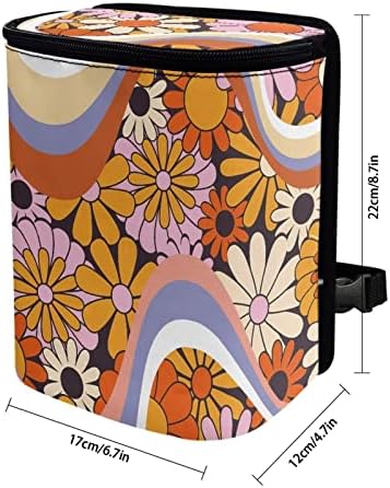 Abstract Groovy Hippie Daisy 70S 80S Wavy Swirl Pattern Car Trash Can with Lid and Zipper Portable Garbage Can Bags Vehicle Decorations for Women Trash Bin Hanging Back of Seat,Multicolor