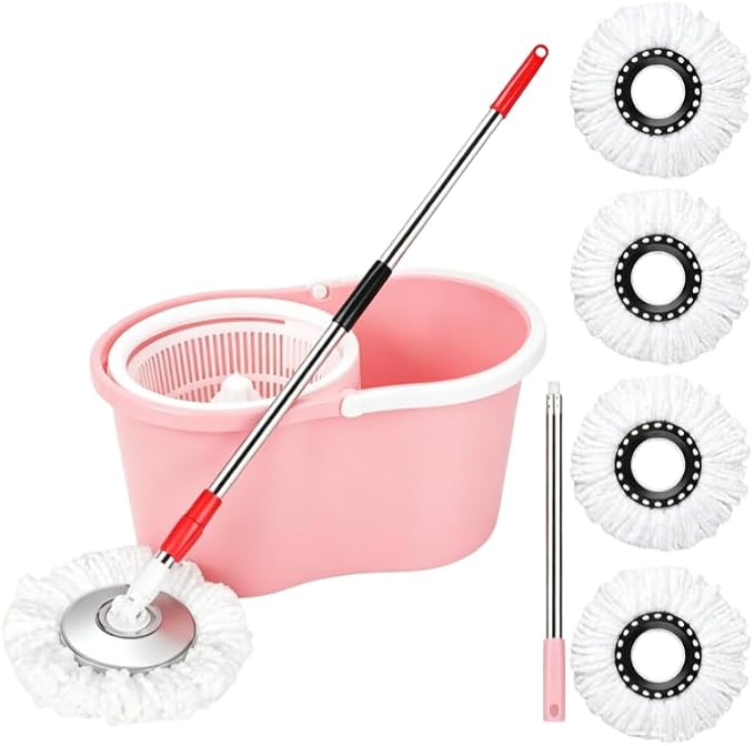 Pink Spin Mop and Bucket with Wringer Set 360 Rotating Mop 3 Mop Refills