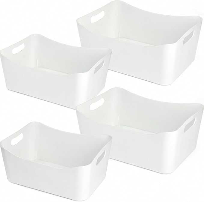 Peohud 4 Pack White Plastic Storage Bins, Pantry Organizer Bin with Handles, Open Storage Organizing Bins for Classroom, Office, Shelves, Cabinet Collection Container Bin, Under Sink Organizer