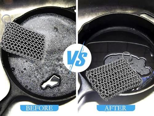 Herda 316L Cast Iron Scrubber Cleaner, Large Chainmail Cast Iron Cleaner | Honeycomb Silicone Insert, Flexible,Stainless Steel Chain Mail Metal Sponge Scrub Skillets,Oven,Flat Top,Grill Pan Pot Brush