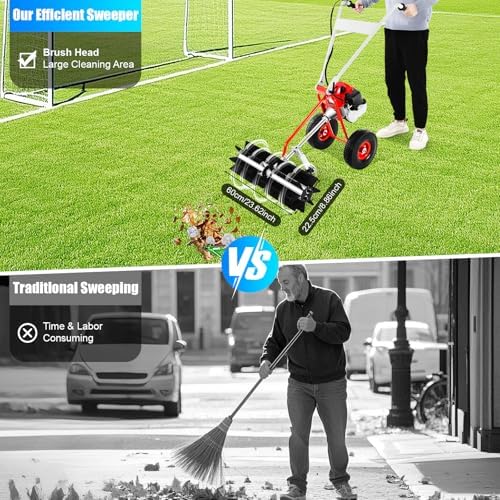 43CC Gas Powered Walk-Behind Outdoor Push Sweeper, 1.7HP 2 Stroke Hand Held Sweeper Snow Sweeping Broom, Driveway Turf Lawns Cleaning Tools with 23.6in Sweeping Width for Leaves Dirt Gravel