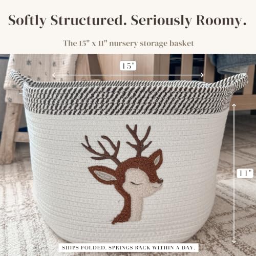Deer Baby Storage Basket, Woven Cotton Rope Nursery Bin, 15x11 in | Stuffed Animal and Blanket Storage, Soft Felt Deer Patch, Woodland Nursery Decor, Kids Playroom Organizer